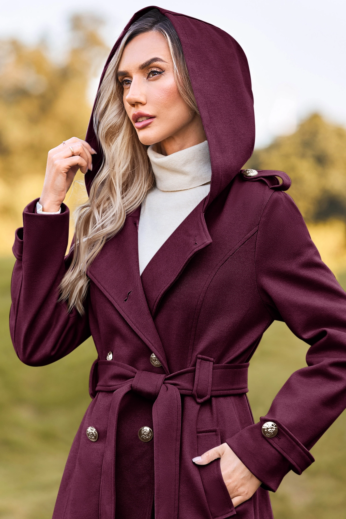 Cicy Bell Womens Wine Red Long Hooded Coat
