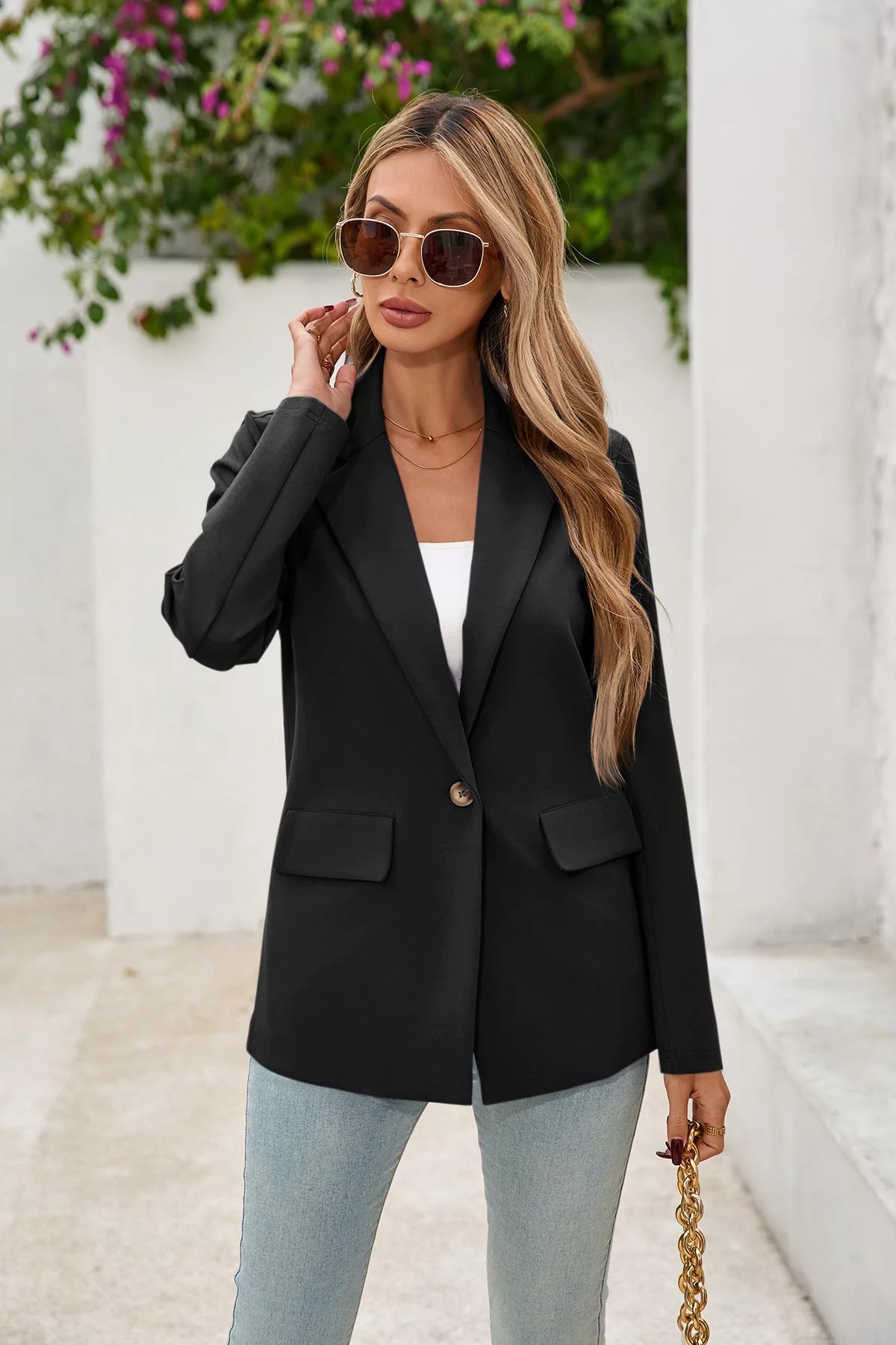 Cicy Bell Womens Black Button Knit Blazer