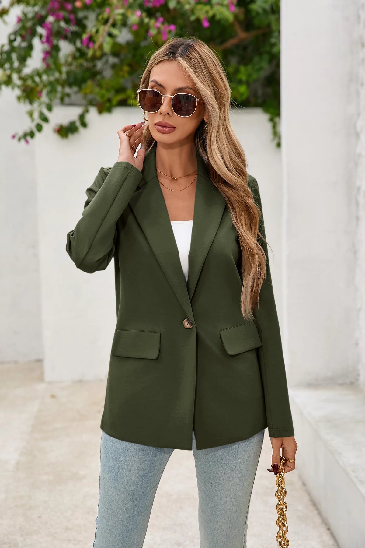 Cicy Bell Womens Dark Green Button Knit Blazer