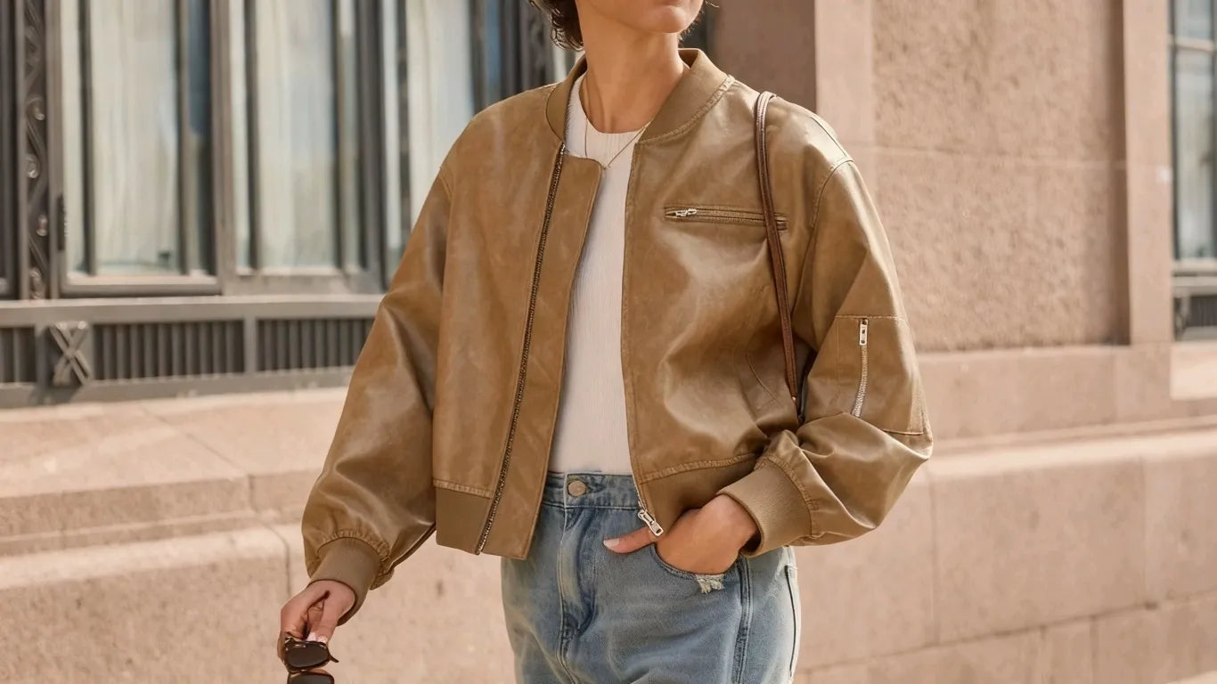 A woman wearing a brown Cicybell aviator jacket is shopping