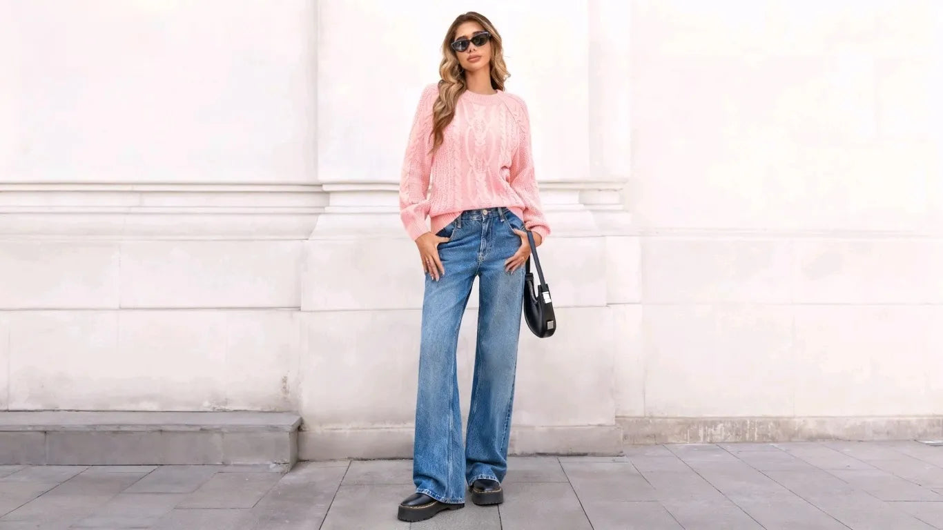 A woman went shopping wearing Cicy Bell Women's Pink Cable Sweaters.