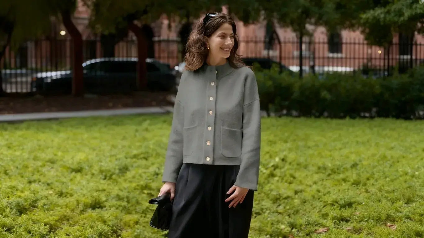 A woman wearing Cicy Bell Women's Grey Cardigans on the lawn