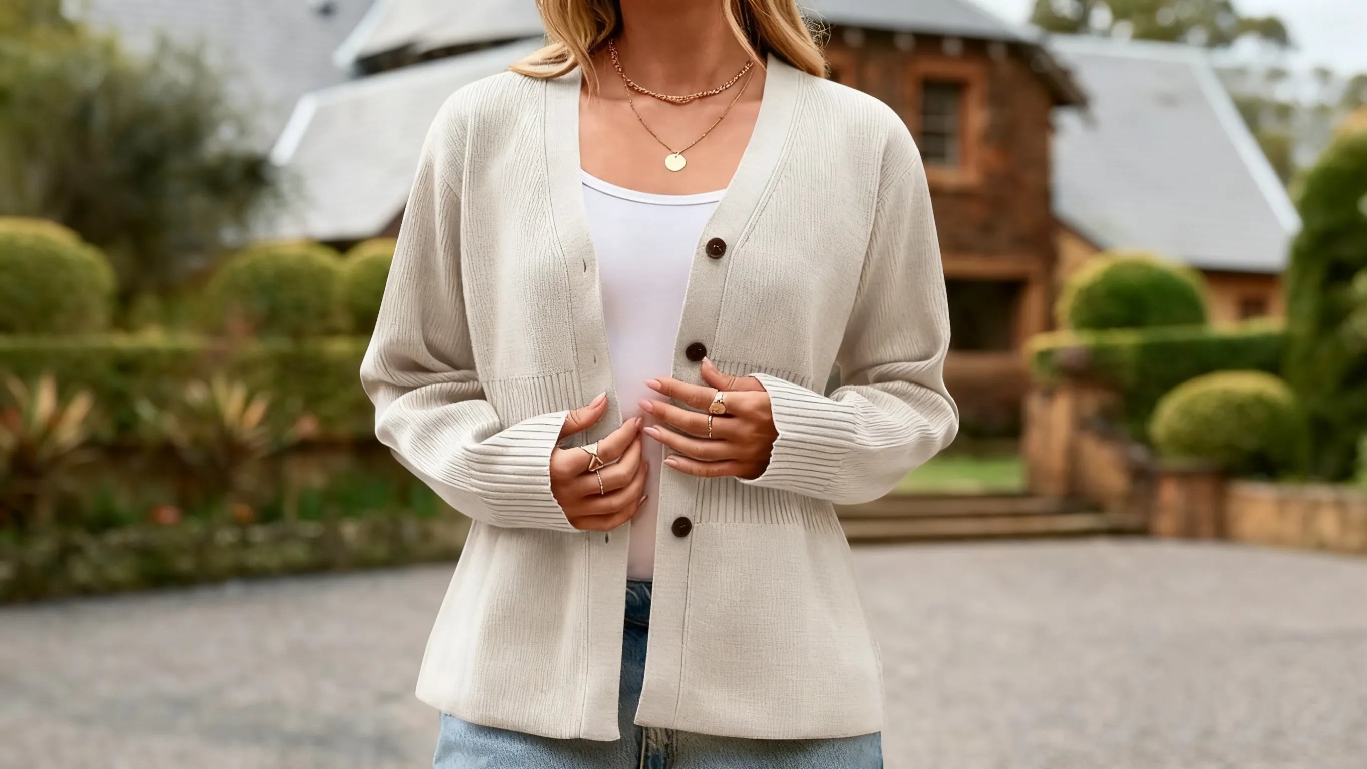 A woman wearing a Cicybell white cardigan strolling in the park.