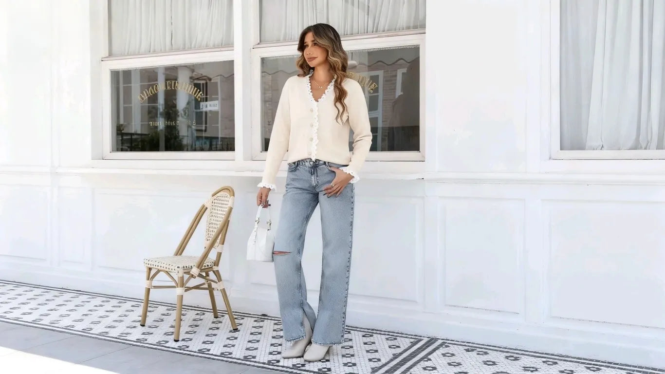 The woman is wearing a Cicybell white cardigan sweater