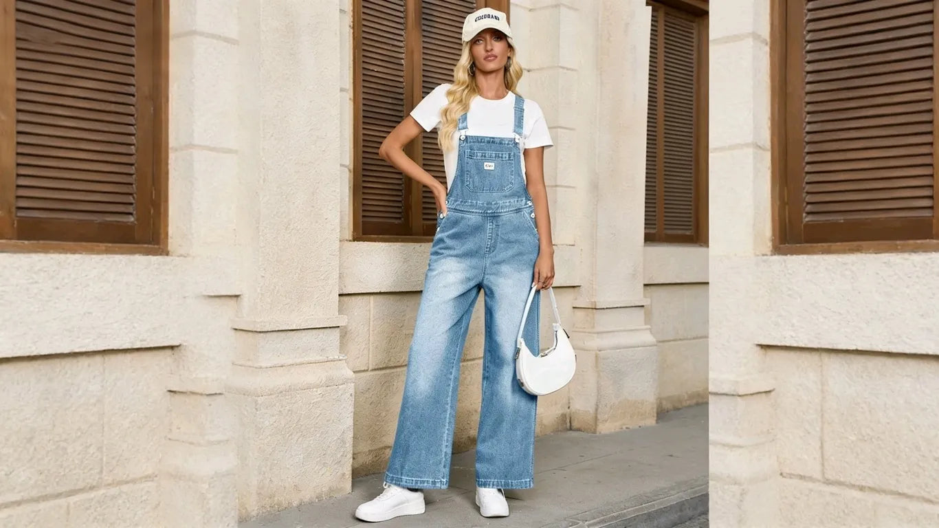 A woman is playing outdoors wearing Cicy Bell women's blue corduroy bib overalls and a baseball cap.