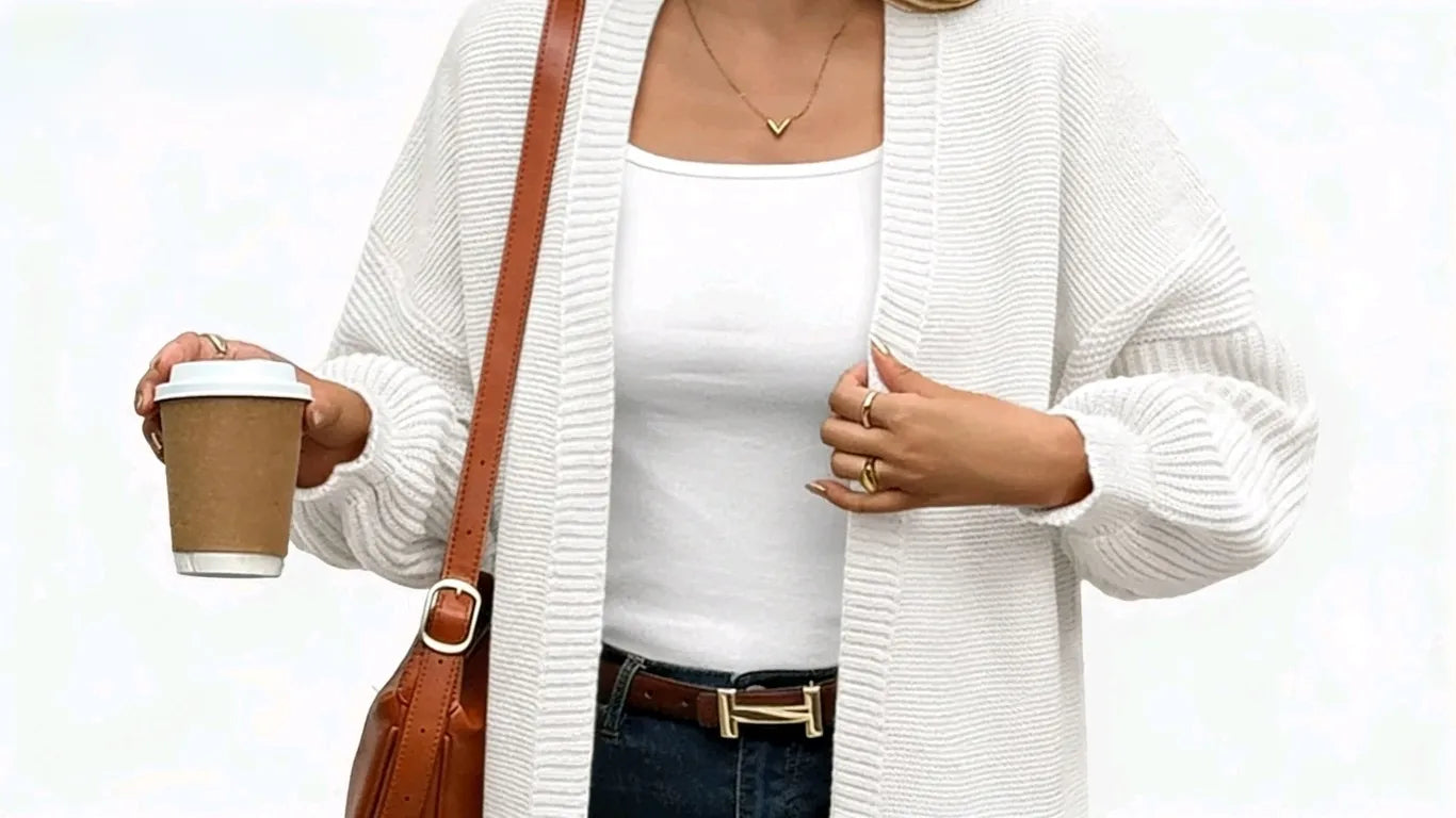 A woman was seen shopping outside wearing Cicybell Women's White Oversized Cardigan Sweaters.