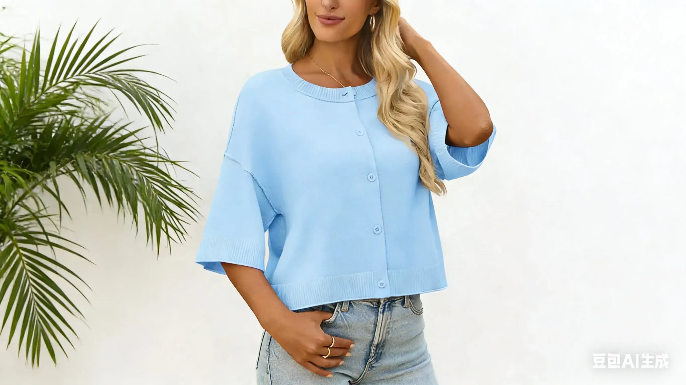 A woman wearing a Cicy Bell blue short-sleeve top starts taking photos.