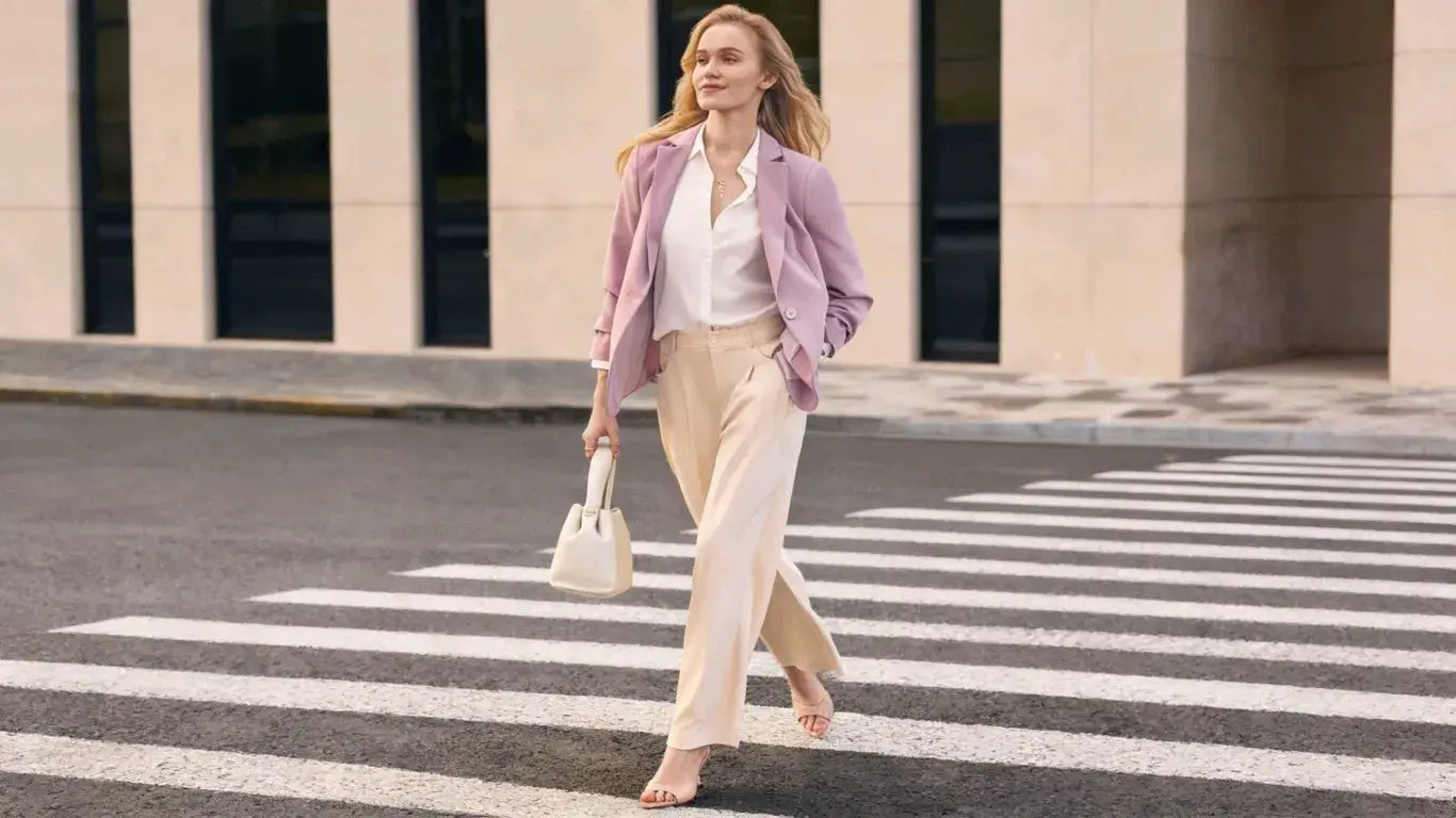 A smiling woman in a lavender blazer and cream wide-leg pants stands on a city street