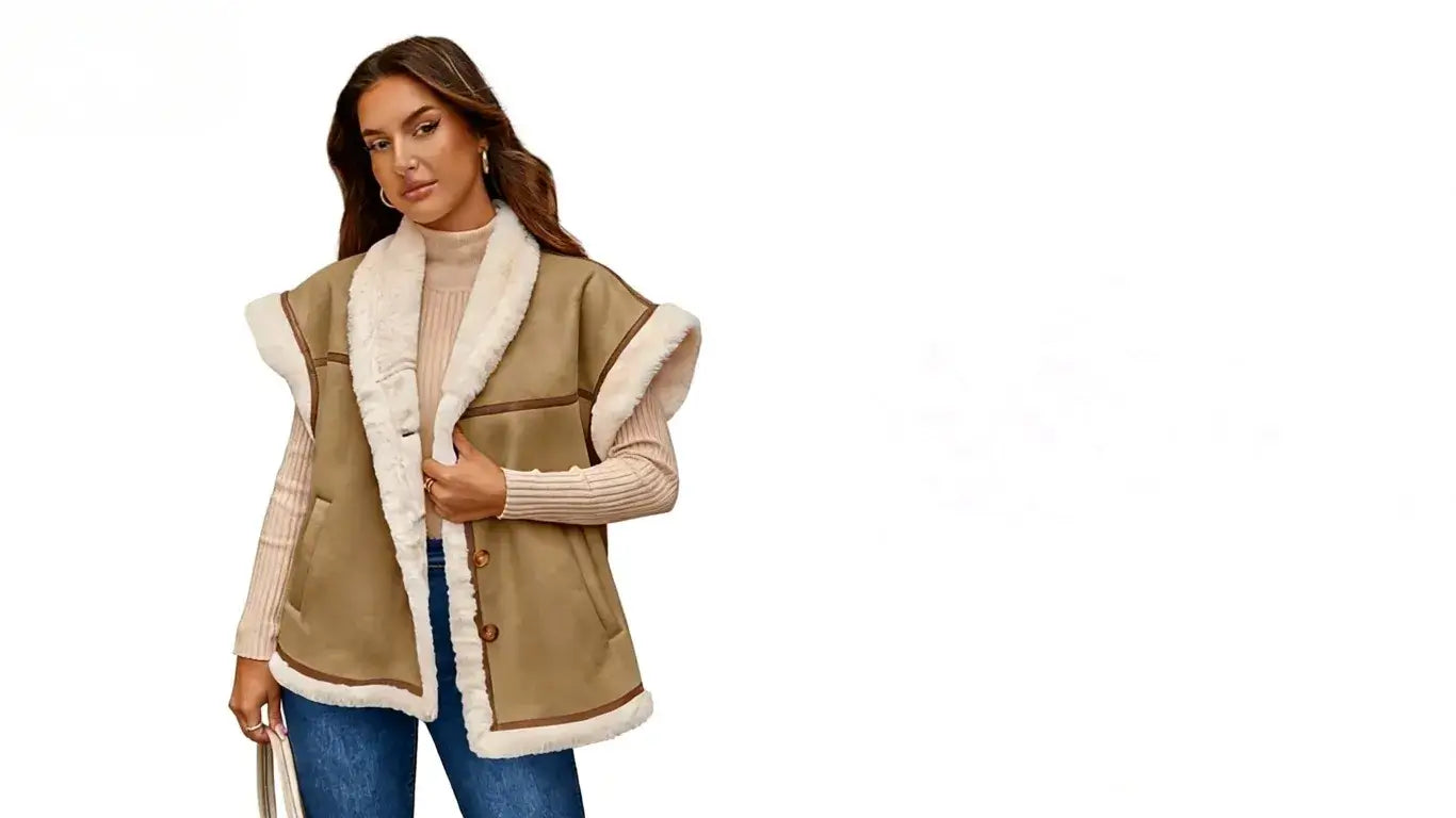 cicybell khaki suede spliced plush vest, autumn and winter layering item display