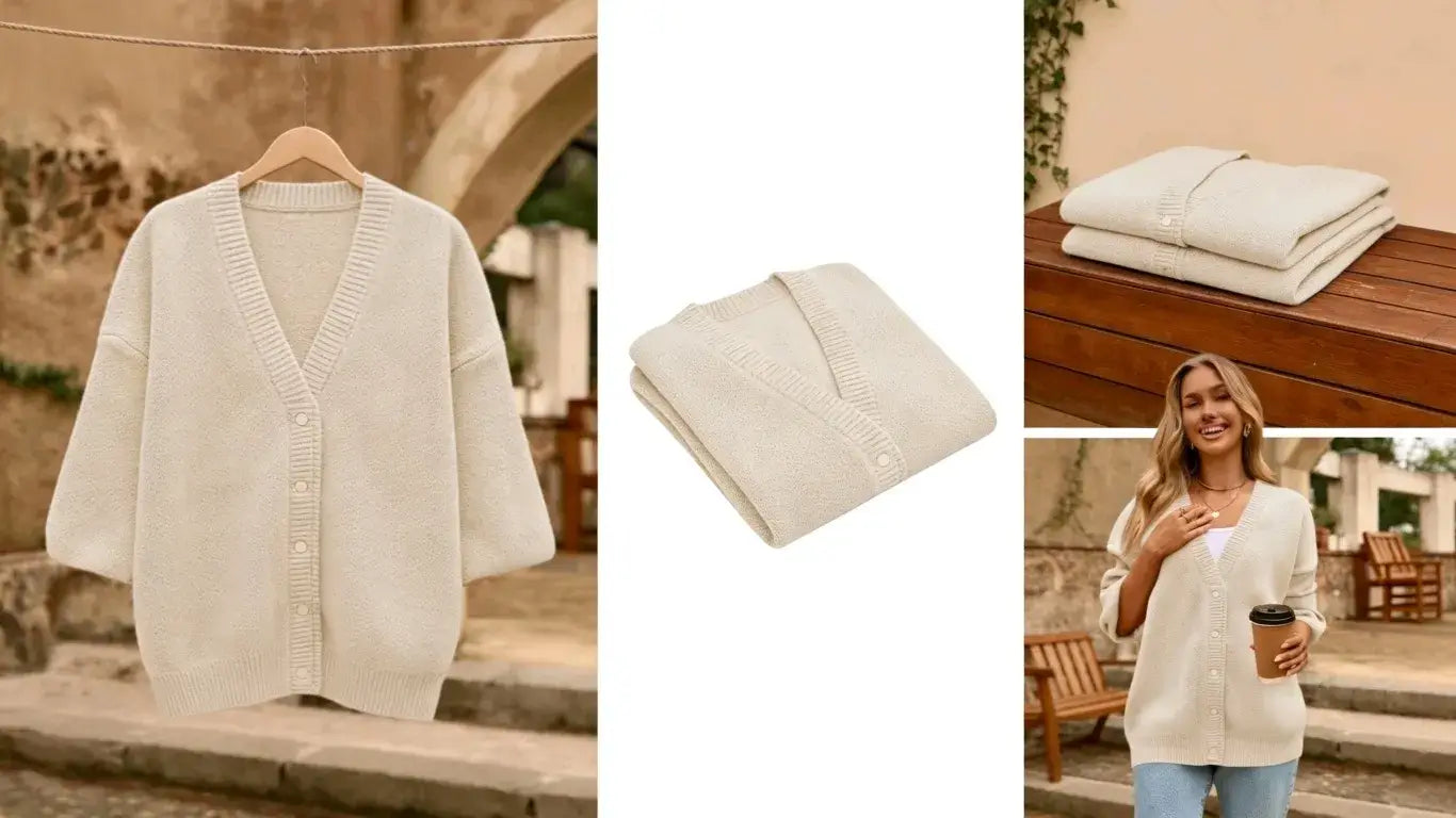 Cicybell Beige Knit Cardigan - Hanging, Folded & Worn Styles Showcase
