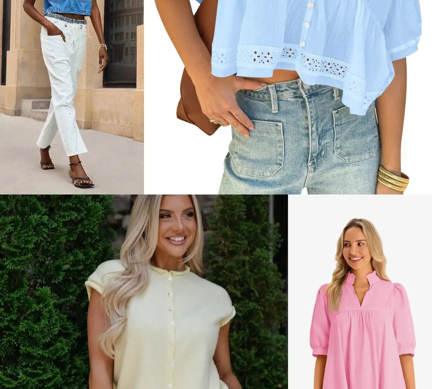 cicybell curated casual lookbook featuring a cropped denim shirt, lace-trimmed blue top, yellow knit vest, and pink puff-sleeve dress, showcasing versatile everyday outfits 