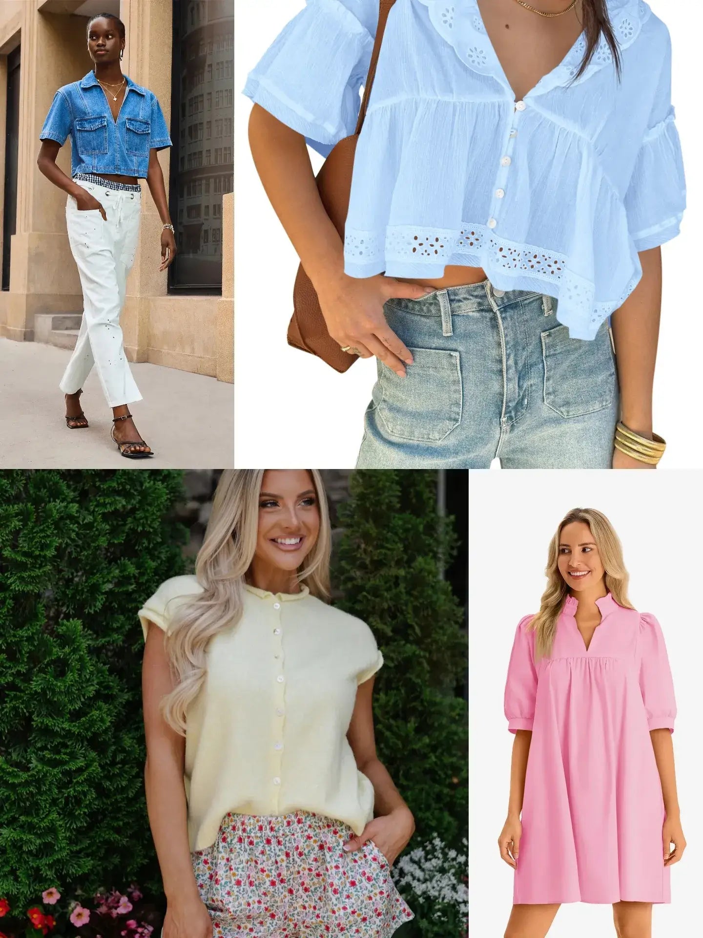 cicybell curated casual lookbook featuring a cropped denim shirt, lace-trimmed blue top, yellow knit vest, and pink puff-sleeve dress, showcasing versatile everyday outfits 