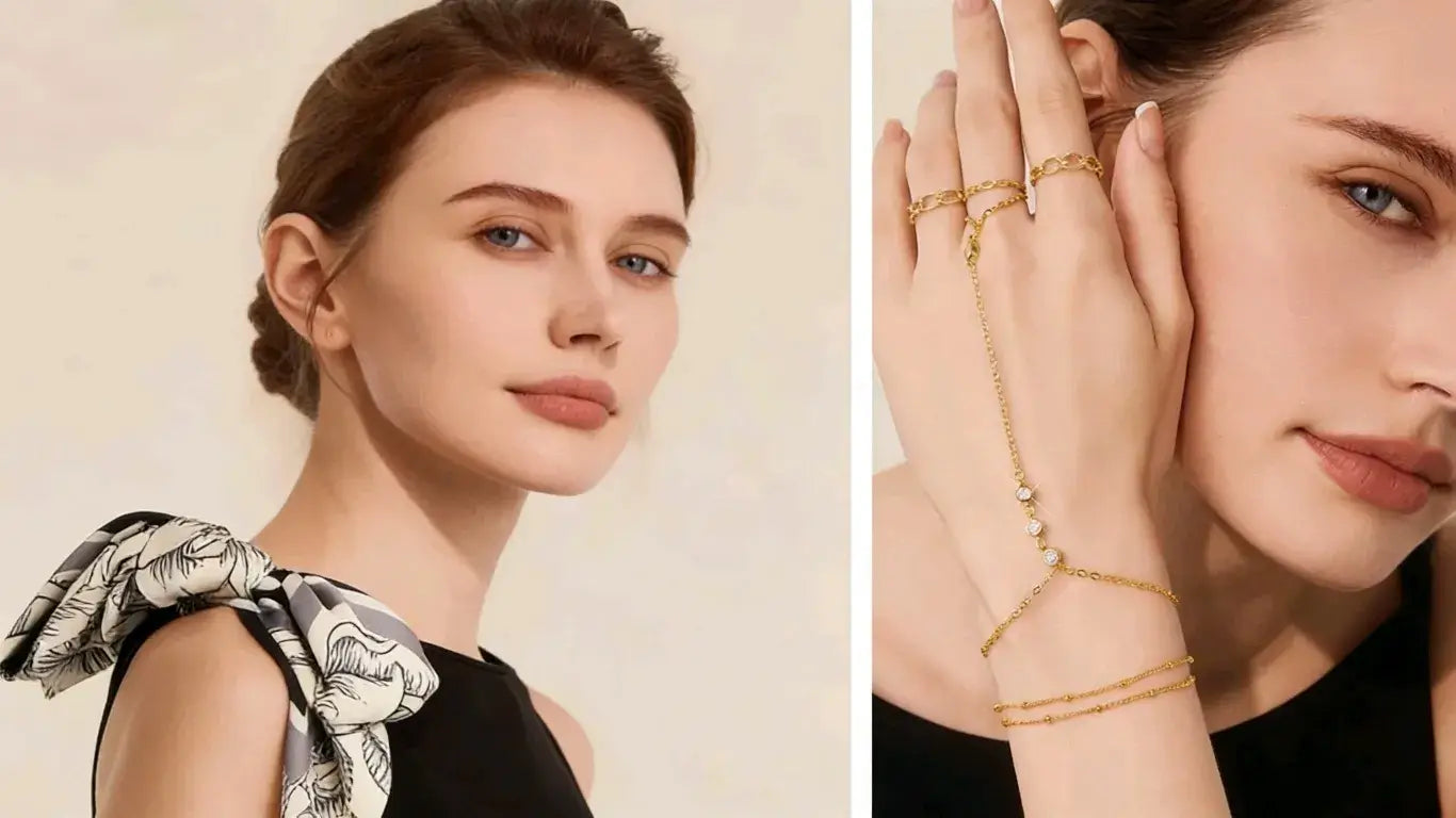 The woman is wearing a collection of Cicybell jewelry.