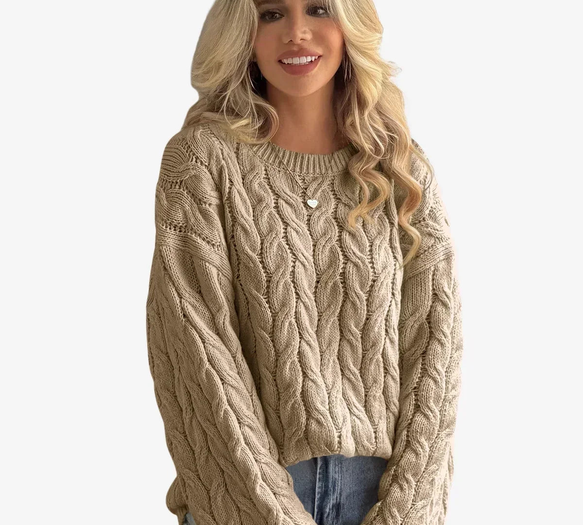 A woman wearing a beige Cicybell sweater was shopping outside.