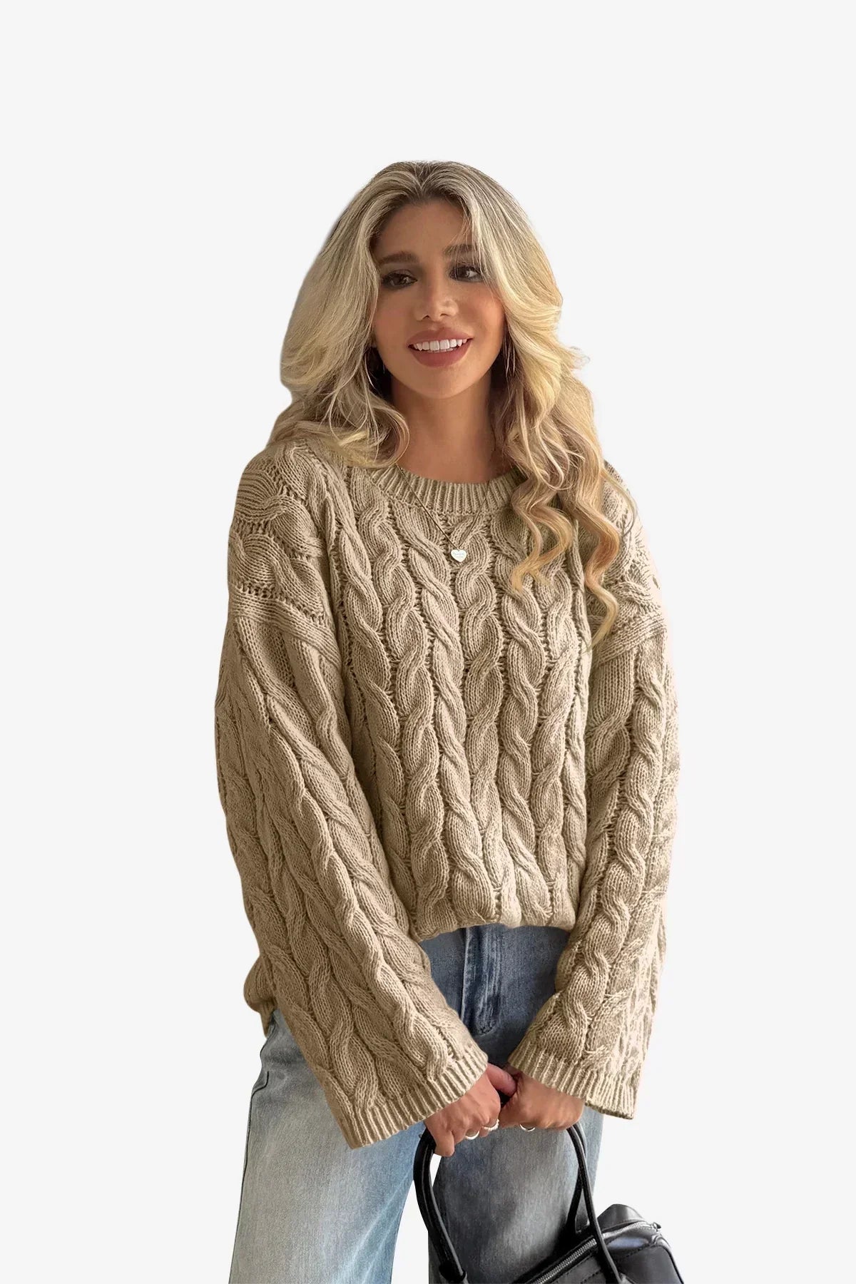 A woman wearing a beige Cicybell sweater was shopping outside.