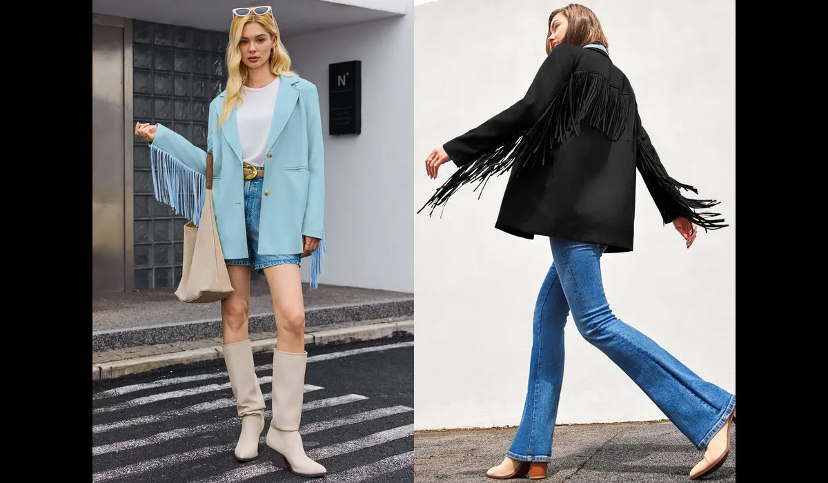 Two women wearing black and blue blazers took photos outside