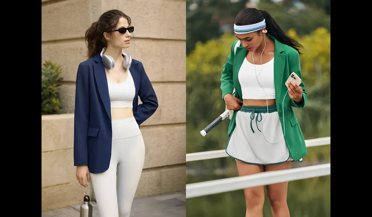 A woman pairs a cicybell blazer with sportswear when going out