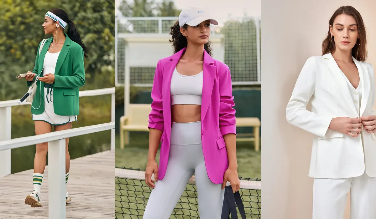 Three women wearing different styles of blazers from cicybell
