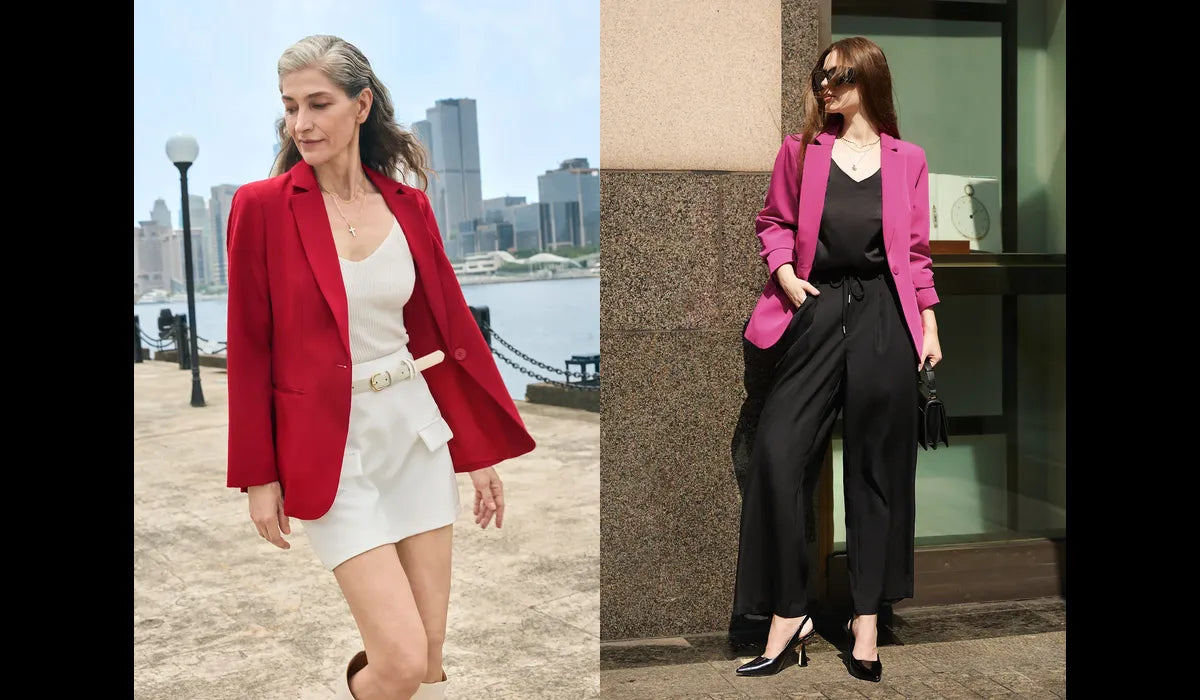 Two women wearing colorful cicybell blazers are shopping