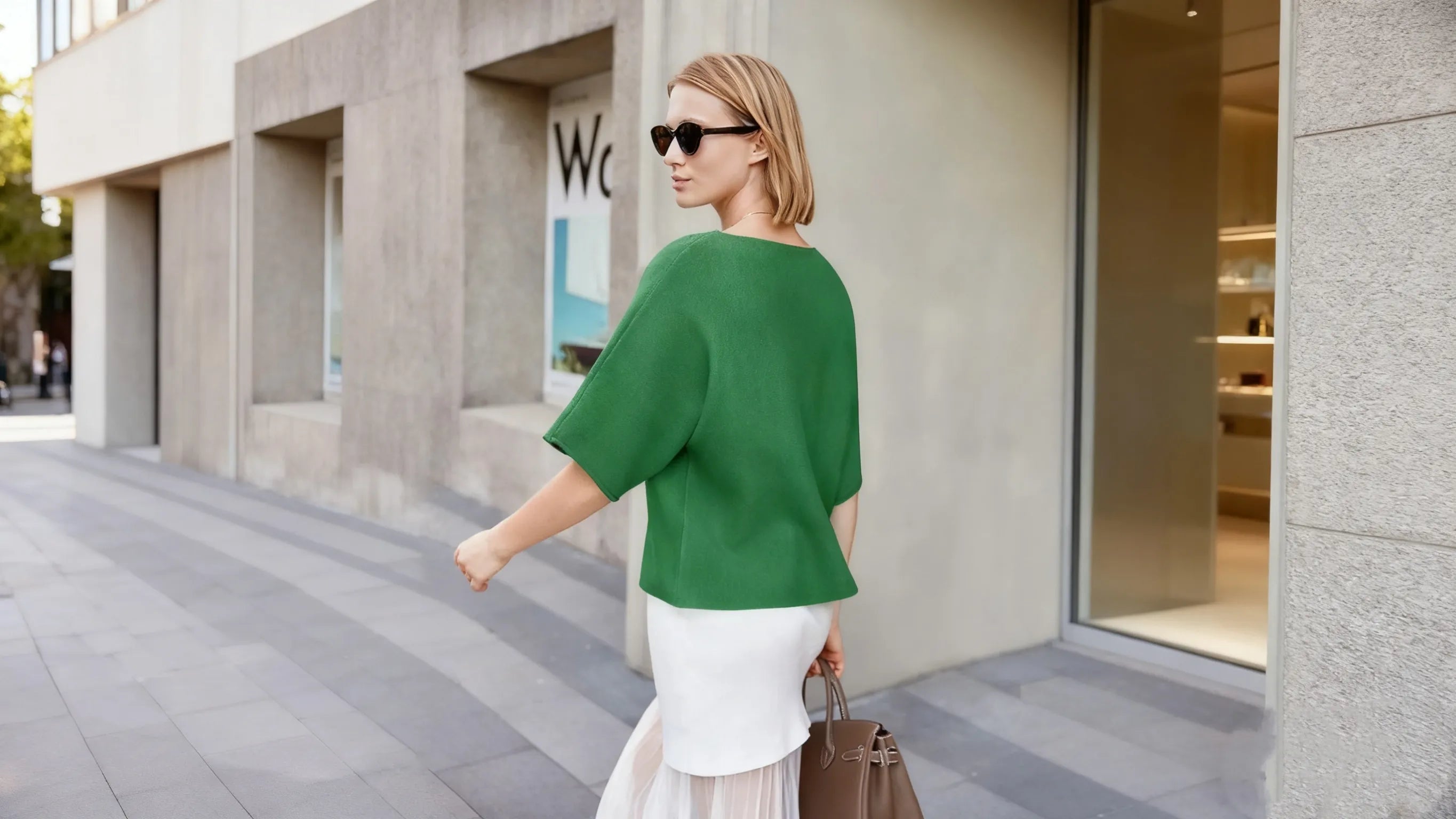 A woman wearing a Cicybell green short-sleeved sweater is preparing for a trip.