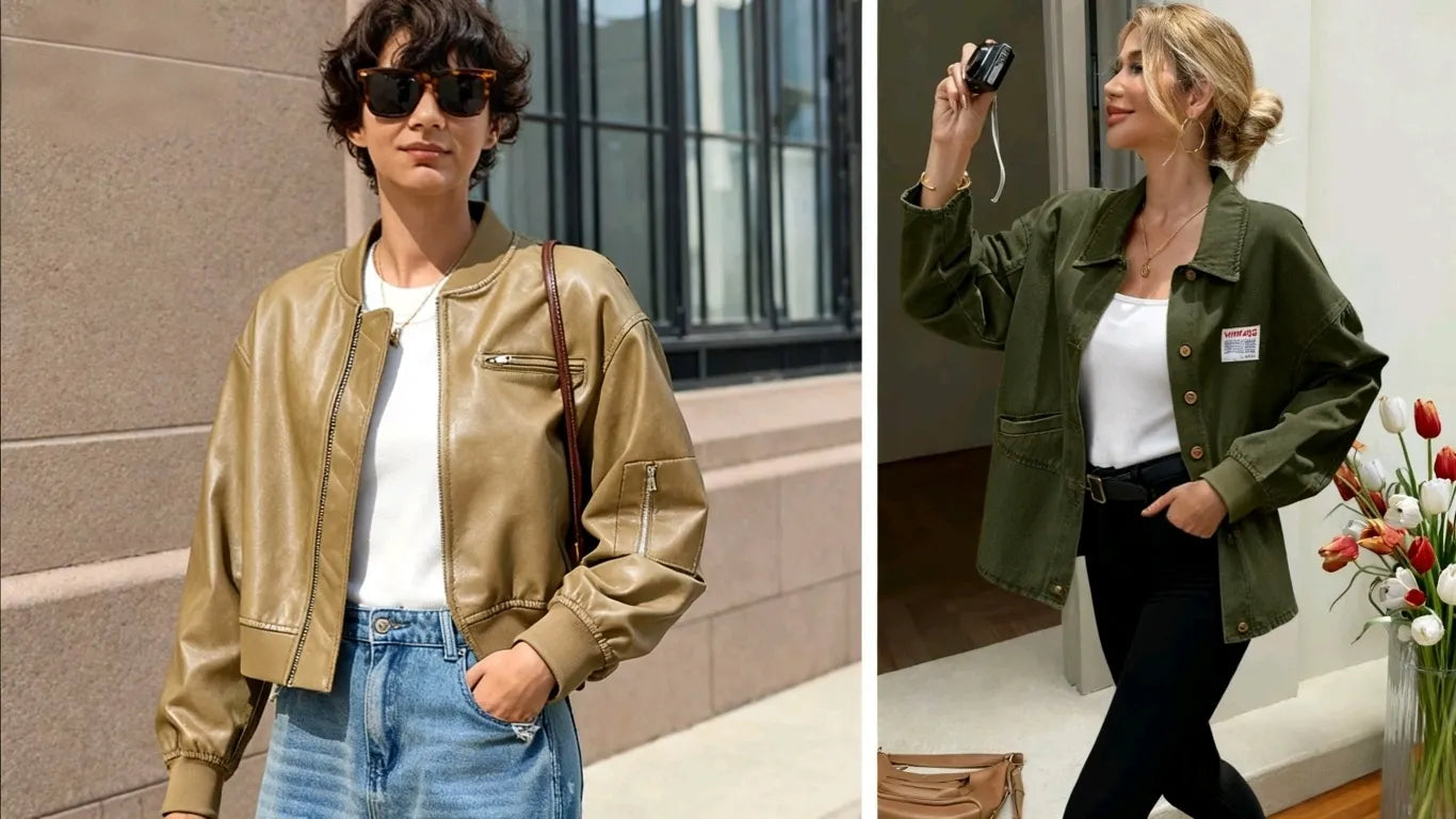 cicybell zippered leather jacket and buttoned denim jacket
