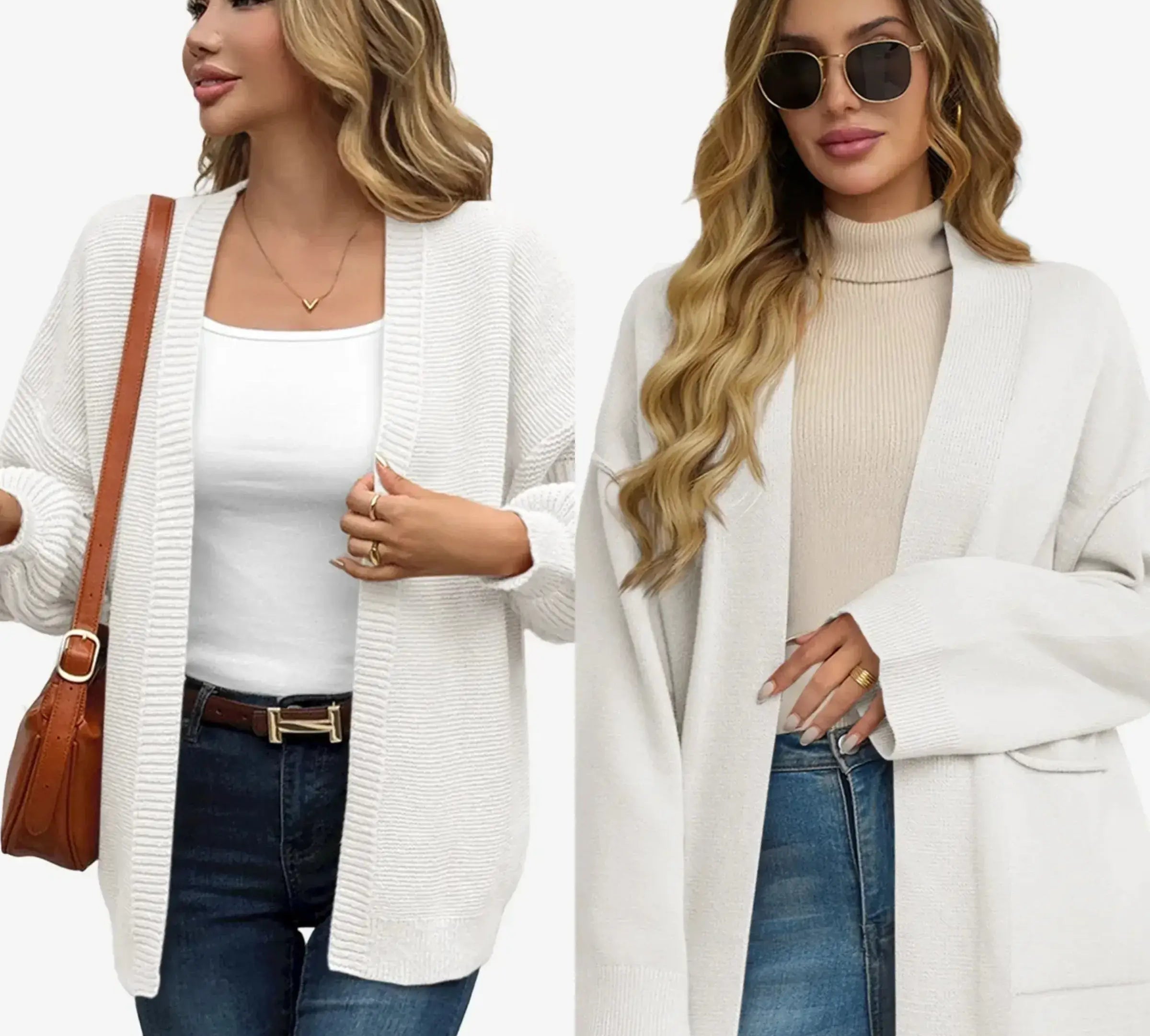 Two outfit ideas featuring Cicybell white sweaters.