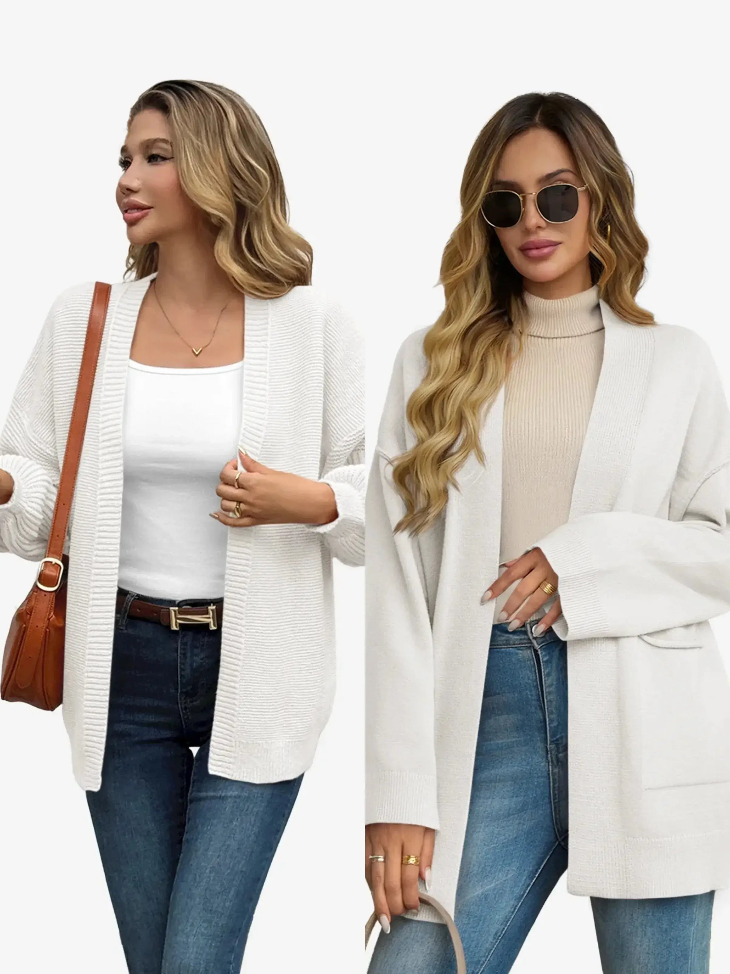 Two outfit ideas featuring Cicybell white sweaters.