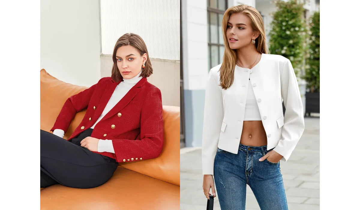 A woman wearing a cicybell blazer takes photos outside