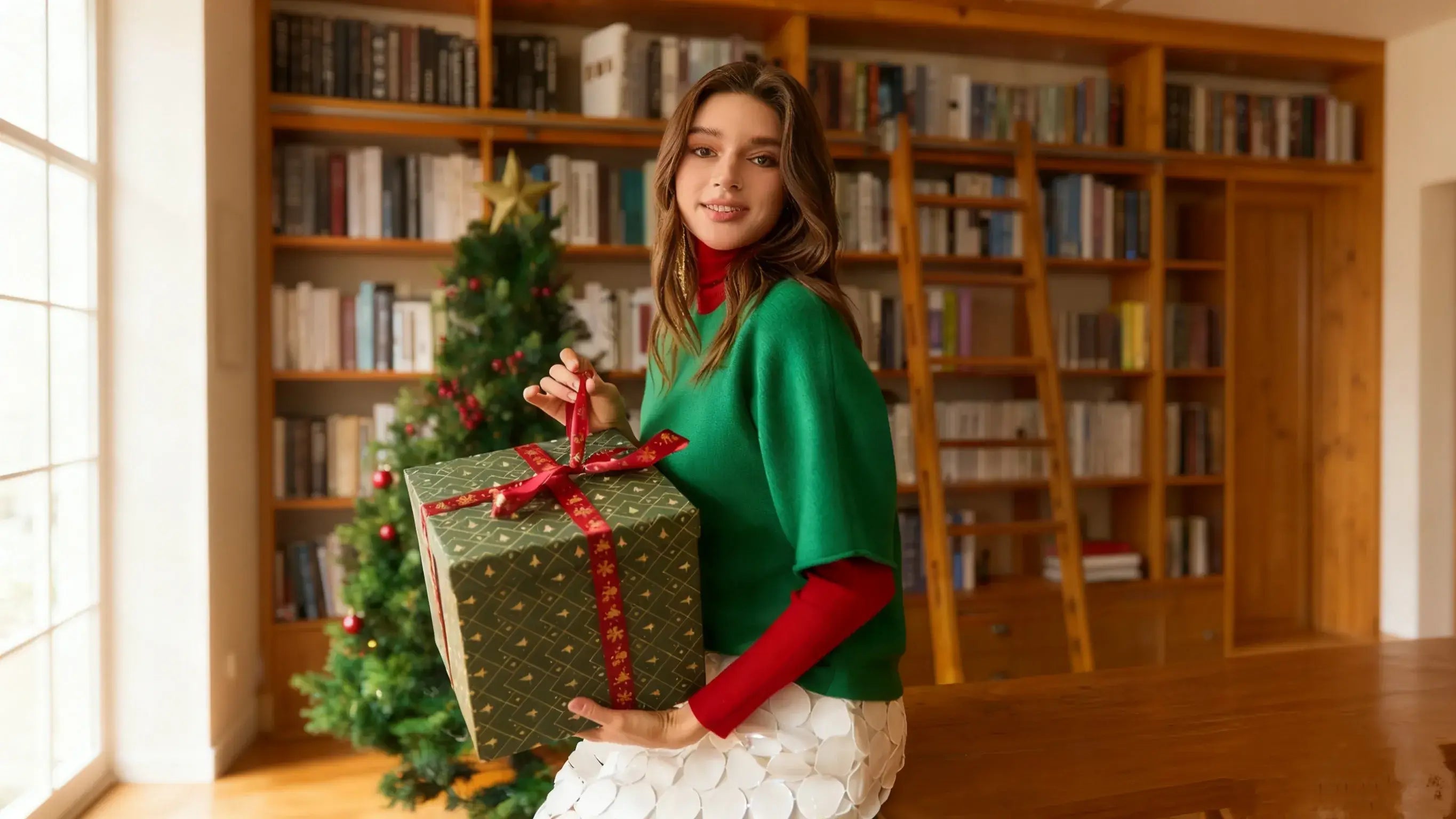 The woman was wearing a Cicybell green sweater and carrying a gift.