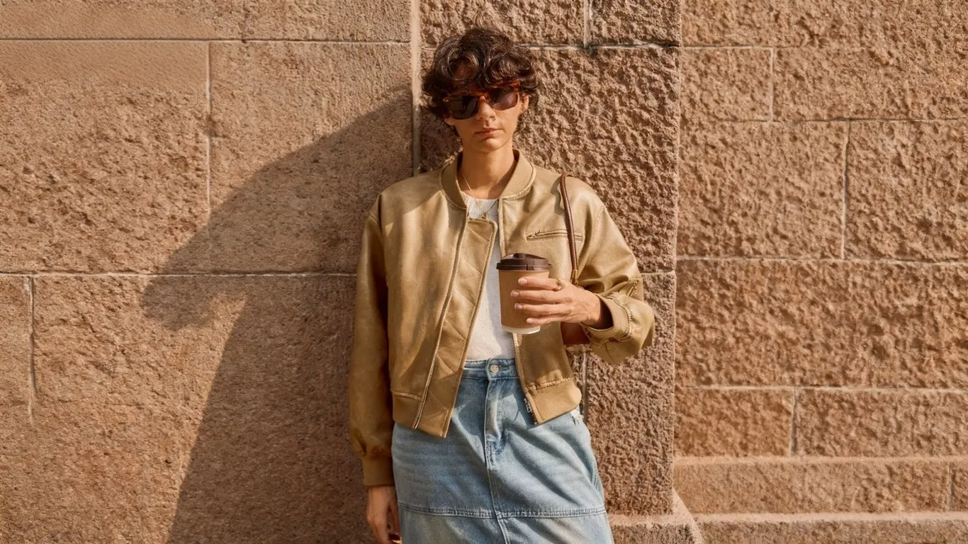 A woman wearing a cicybell brown leather jacket takes photos outdoors