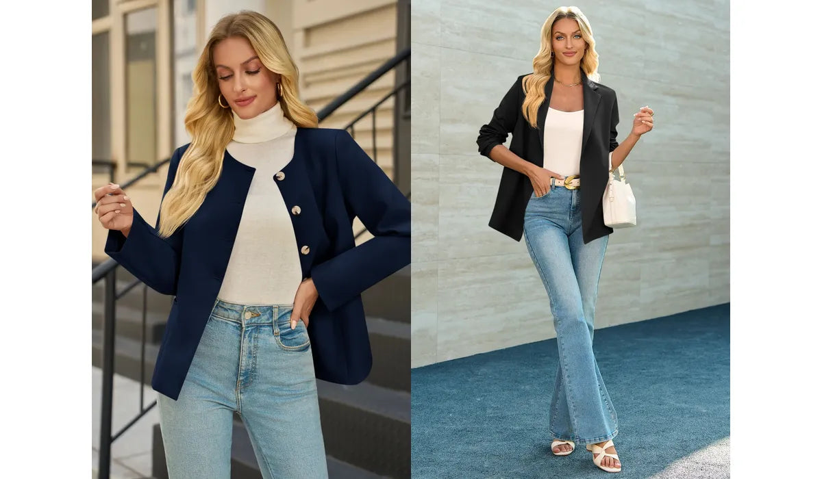 Two women went out wearing cicybell's black and blue blazer respectively