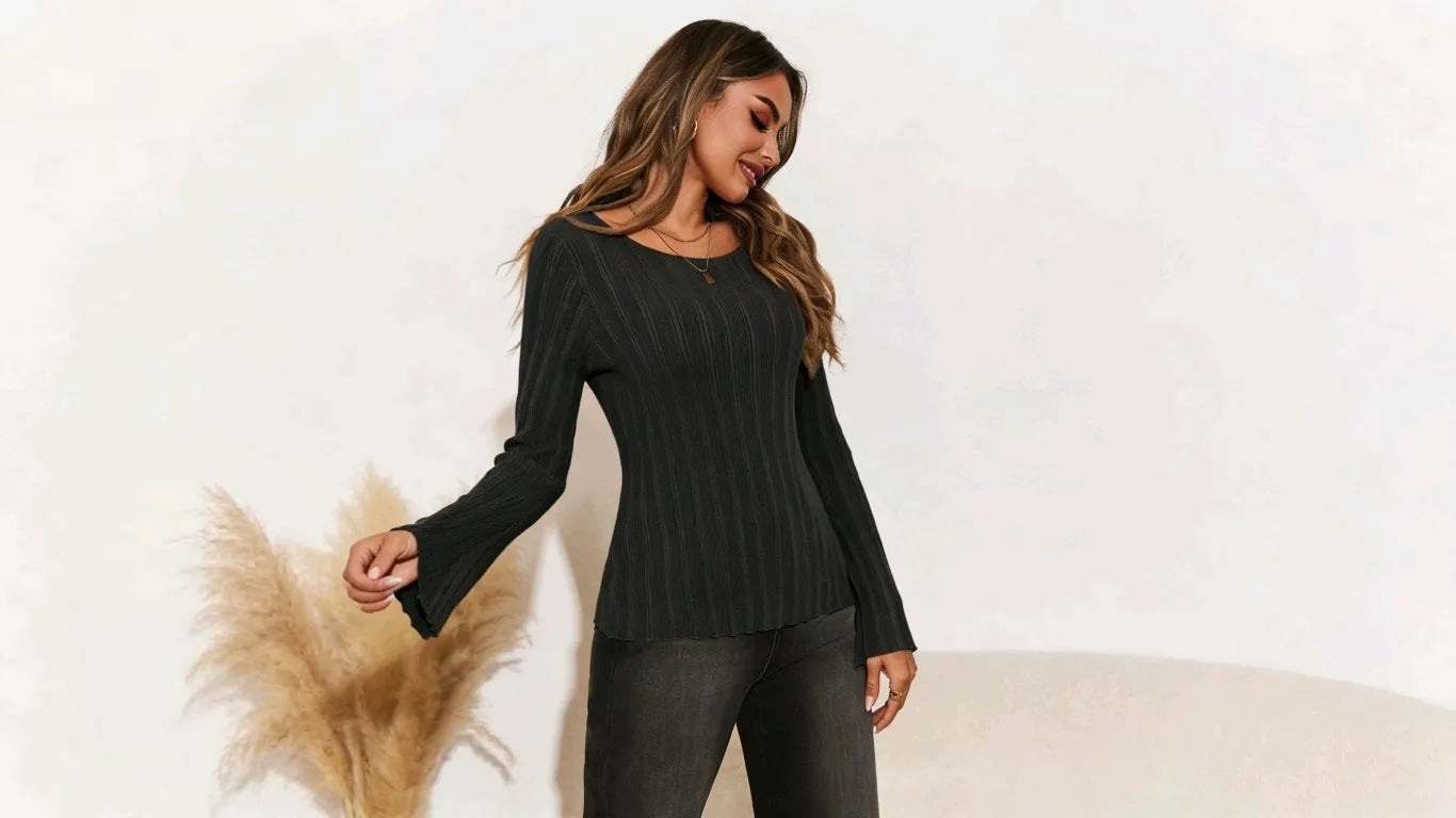 Womens Black Long Sleeve Knit Tops 