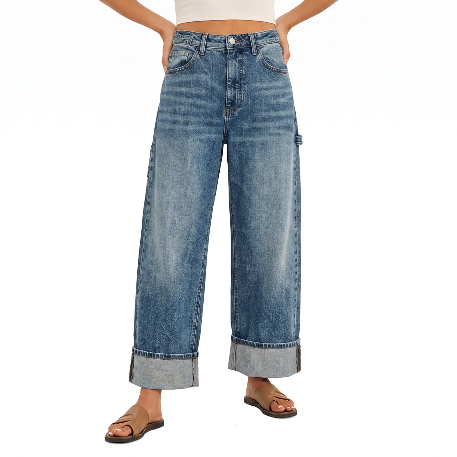 Womens Blue Baggy Cuffed Wide Leg Jeans | CicyBell