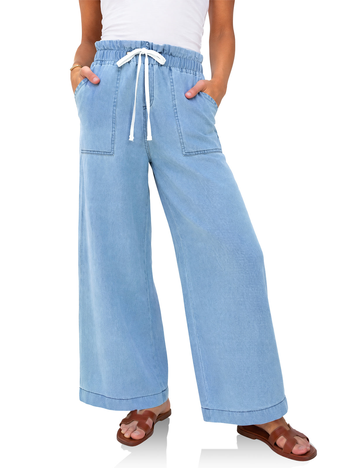 Womens Light Blue Drawstring Wide Leg Jeans | CicyBell