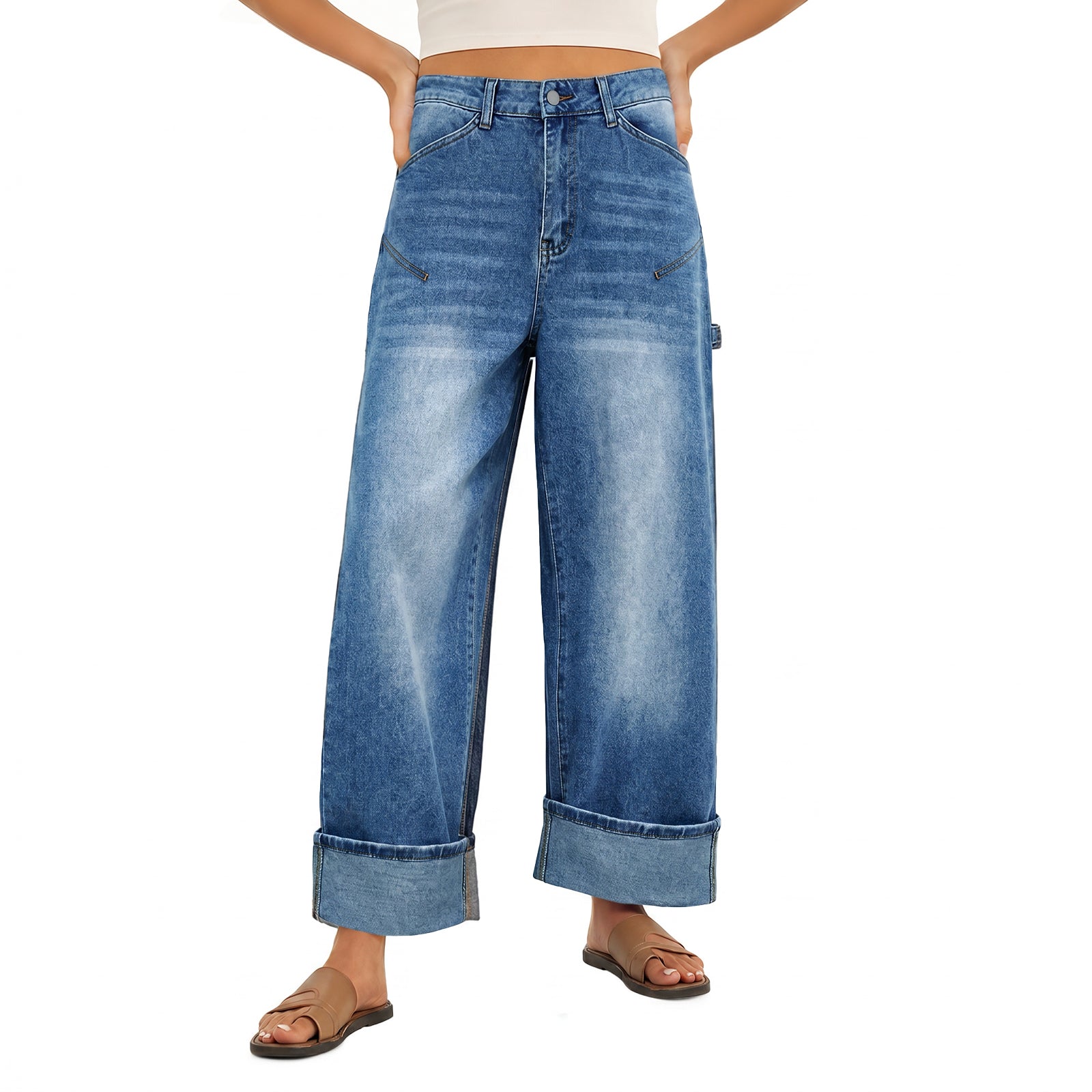 Womens Wash Blue Baggy Cuffed Wide Leg Jeans | CicyBell