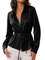Womens Black Satin Button Down Shirts | CicyBell