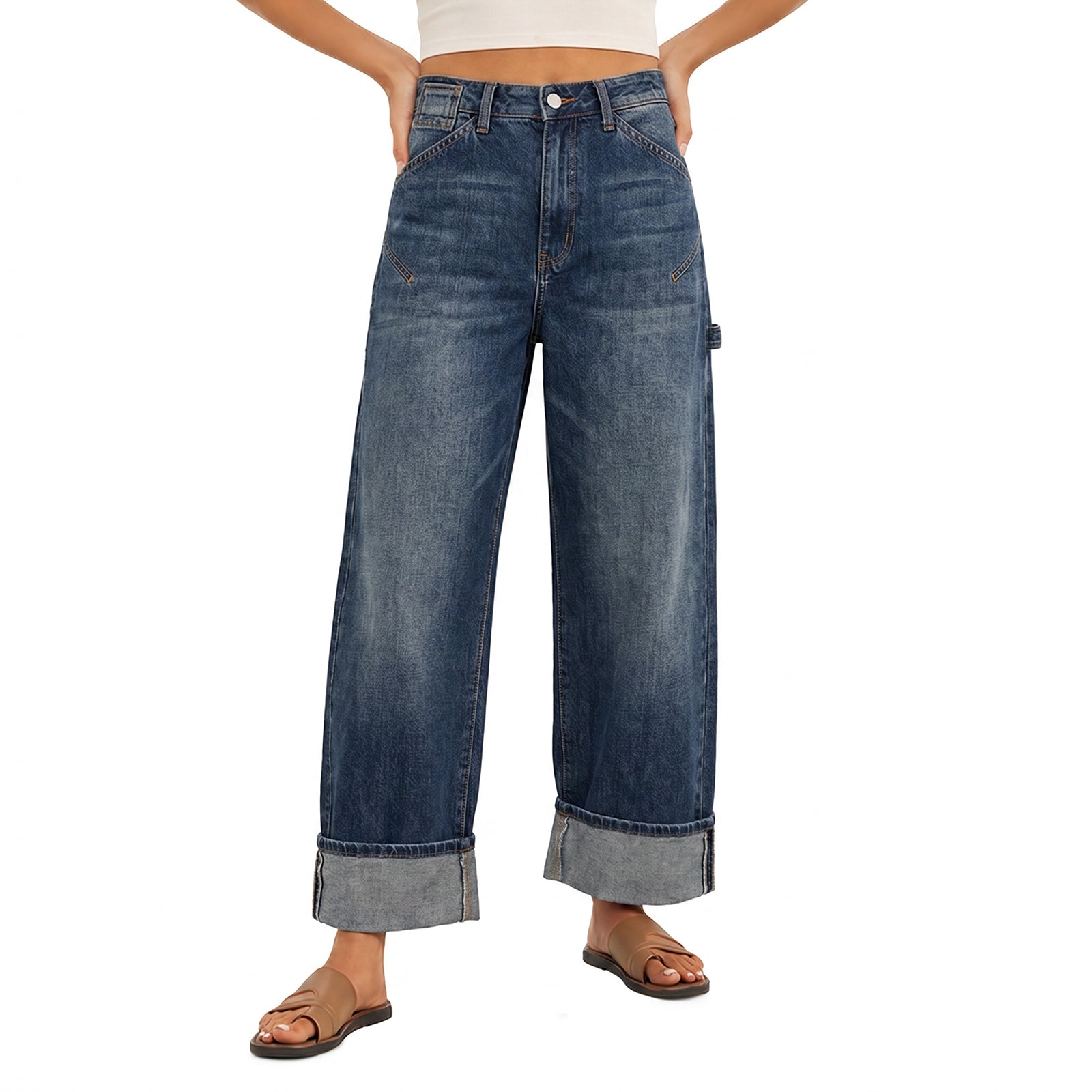 Womens Navy Baggy Cuffed Wide Leg Jeans | CicyBell
