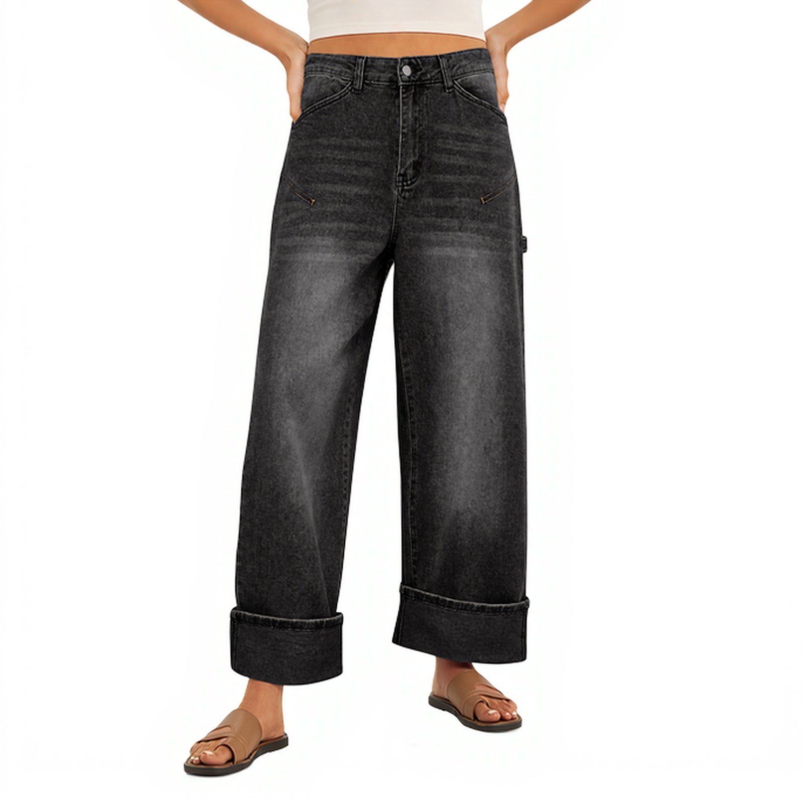 Womens Black Baggy Cuffed Wide Leg Jeans | CicyBell