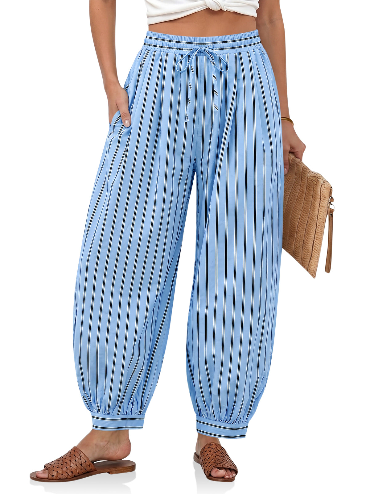 Womens Blue Striped Baggy Pants | CicyBell