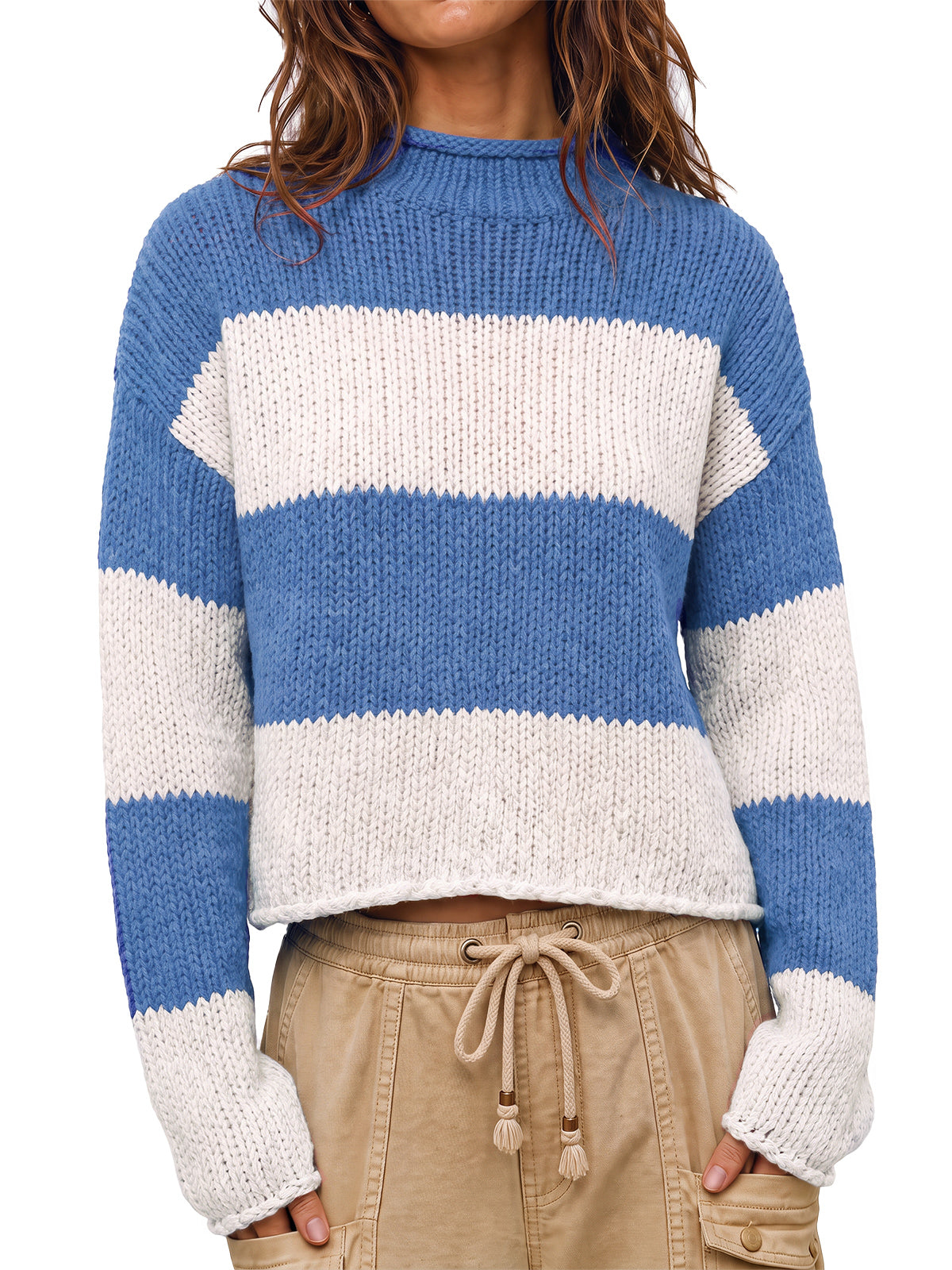 Womens Striped Blue Mock Neck Sweater | CicyBell