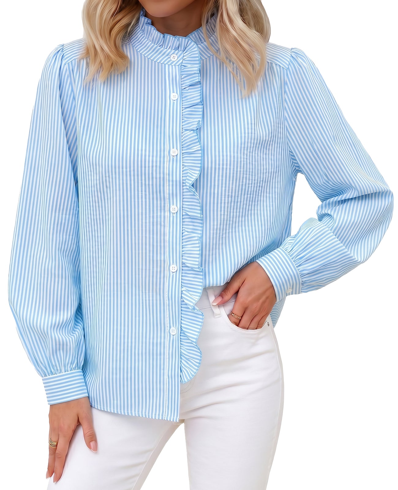 Womens Blue Ruffle Striped Button Down Shirts | CicyBell