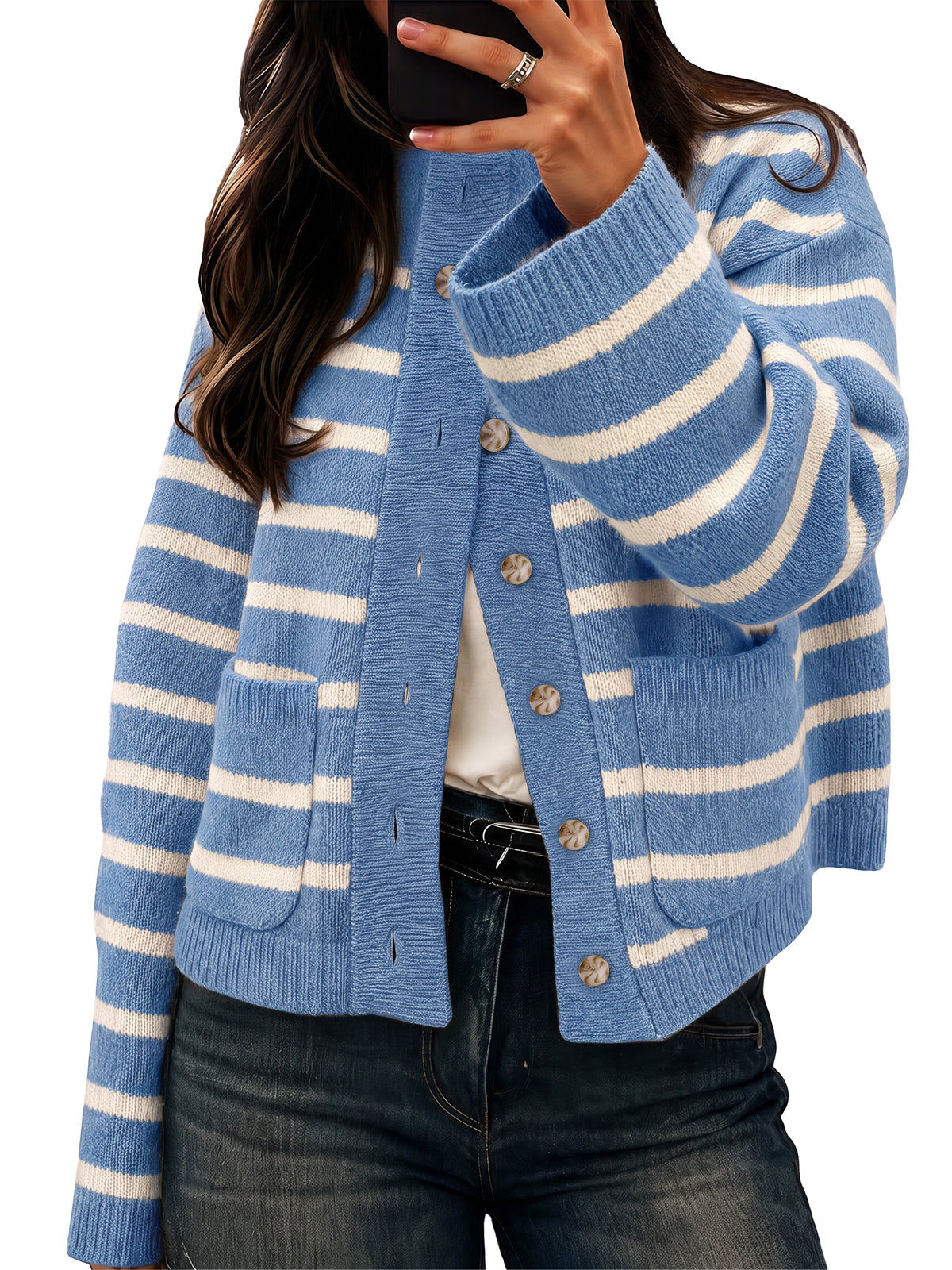 Womens Blue Striped Fall Cardigan | CicyBell