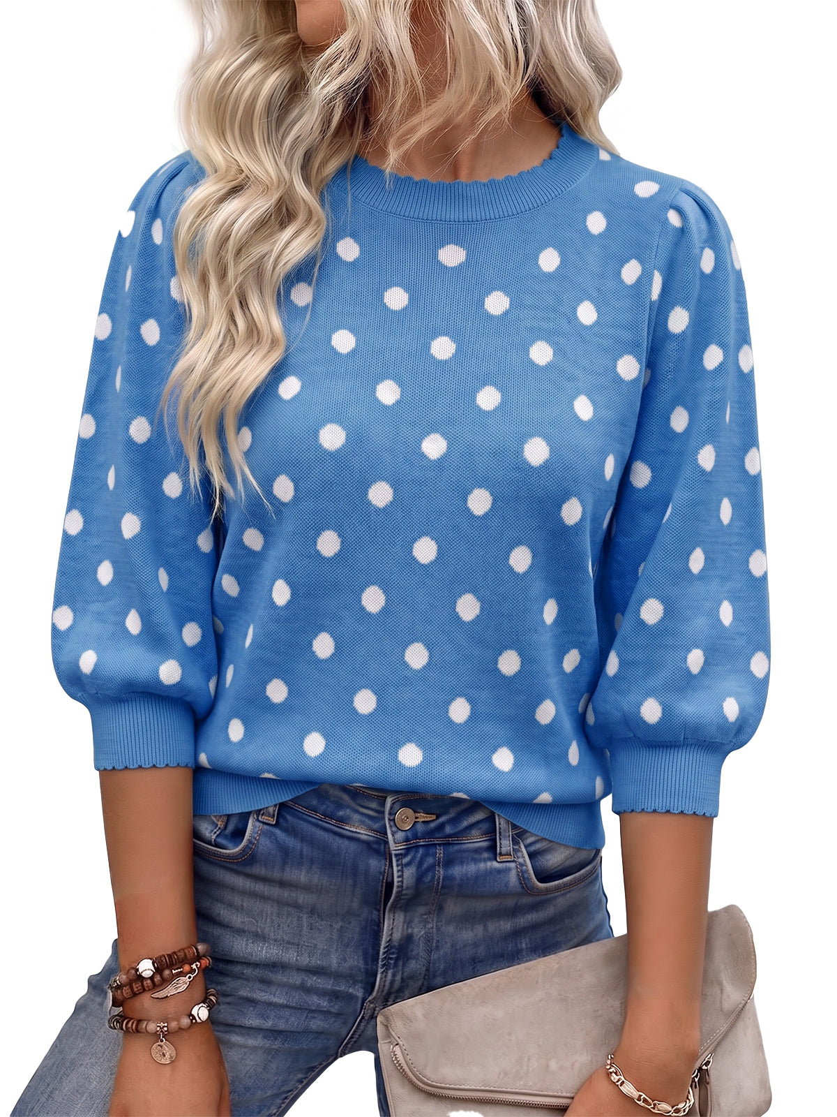 Womens Blue 3/4 Puff Sleeve Sweaters | CicyBell