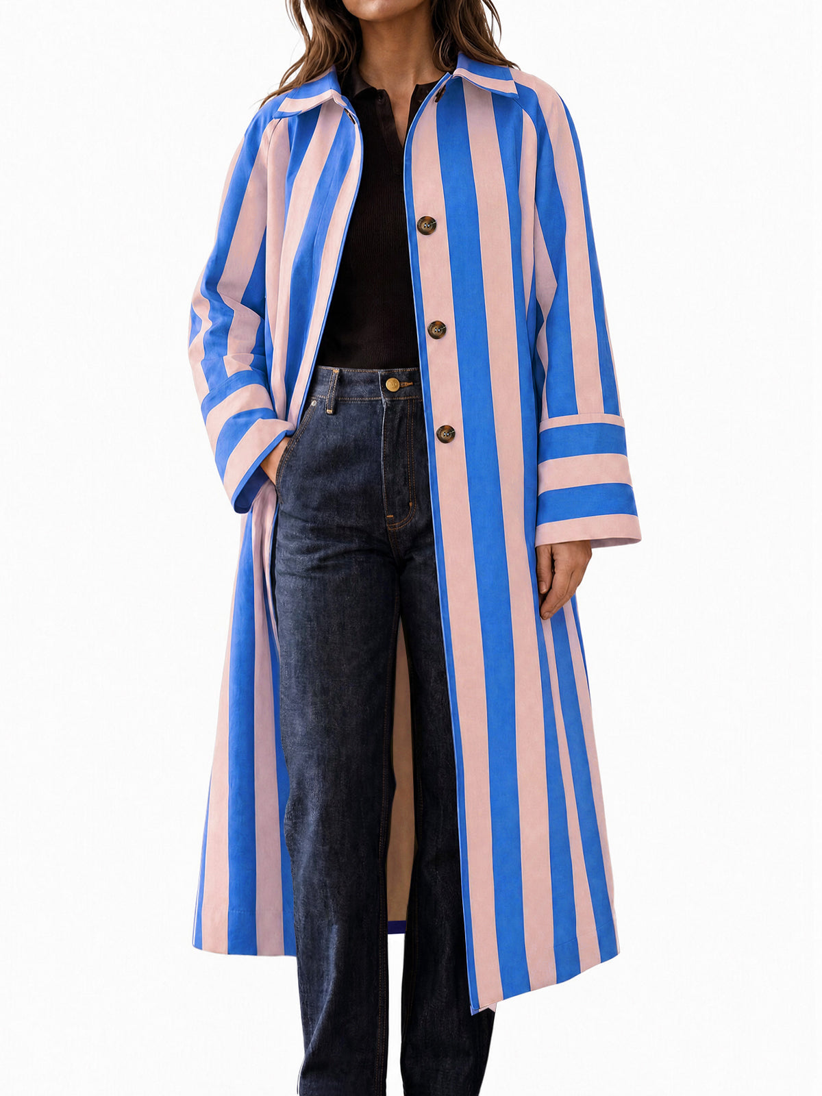 Womens Blue Striped Long Trench Coats | CicyBell