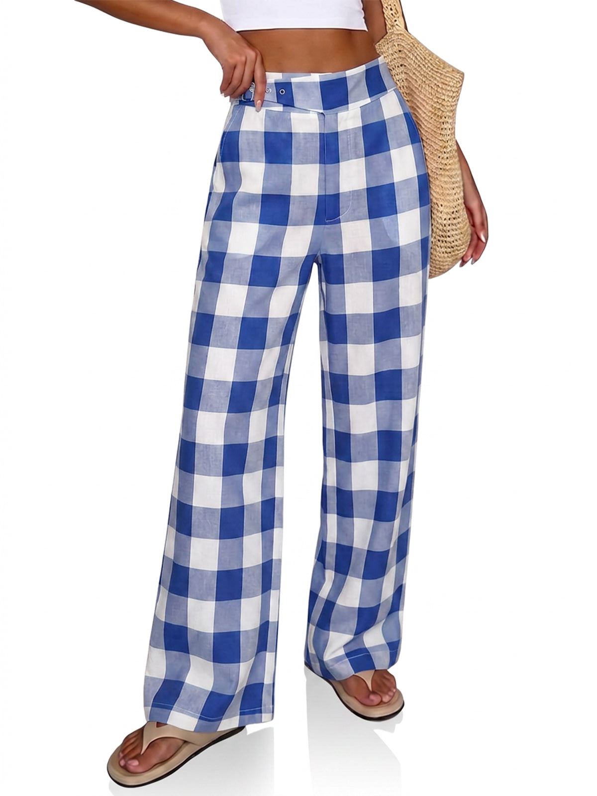 Womens Blue Plaid Wide Leg Pants | CicyBell