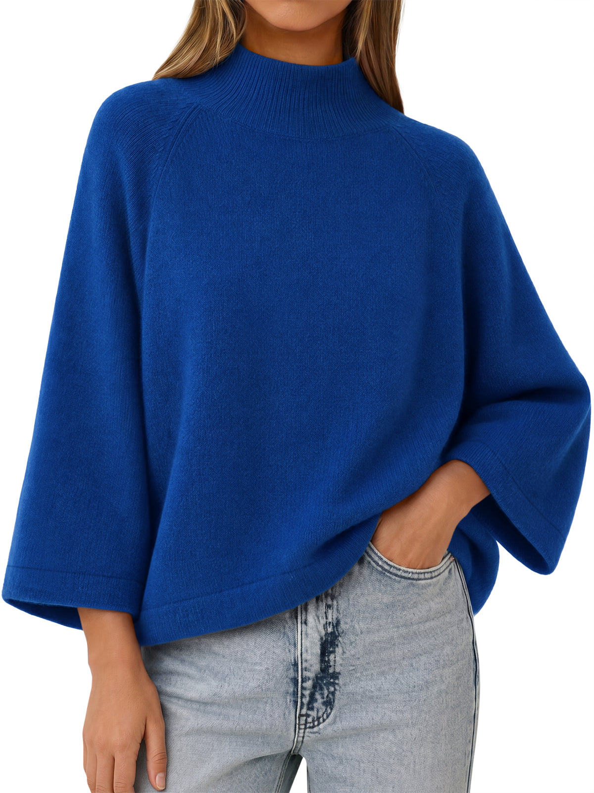Womens Blue 3/4 Sleeve Knit Sweater | CicyBell