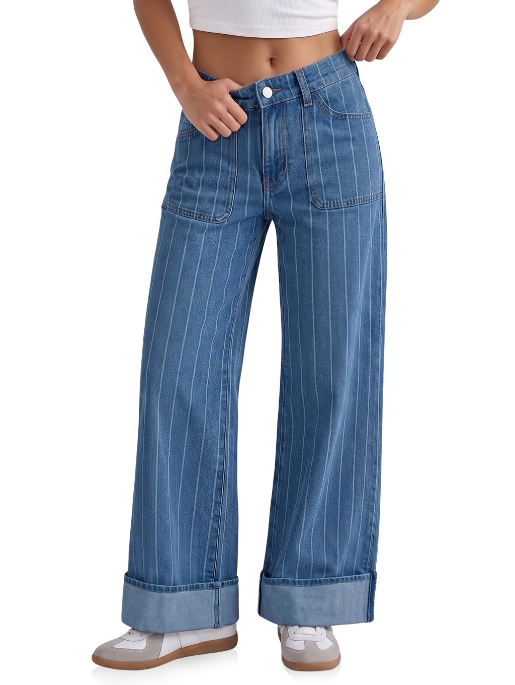 Womens Blue Striped Wide Leg Jeans | CicyBell