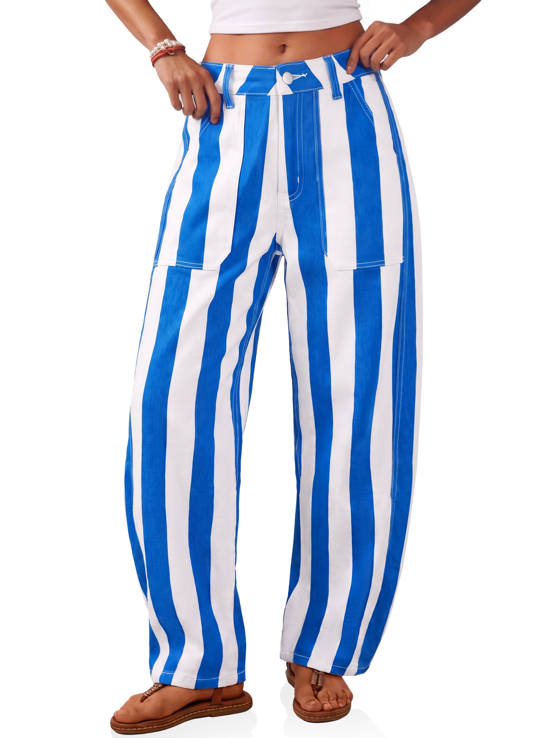 Womens Blue Striped Barrel Jeans | CicyBell
