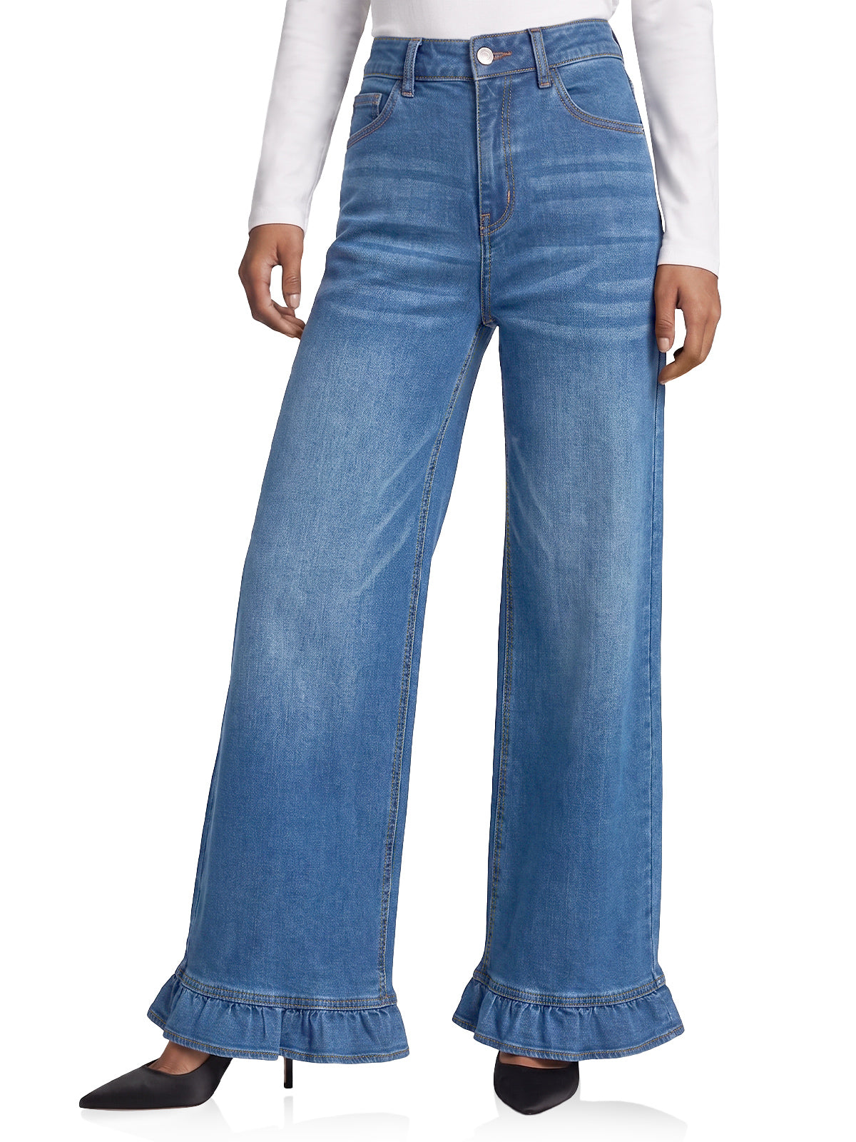 Womens Blue Ruffle Wide Leg Jeans | CicyBell