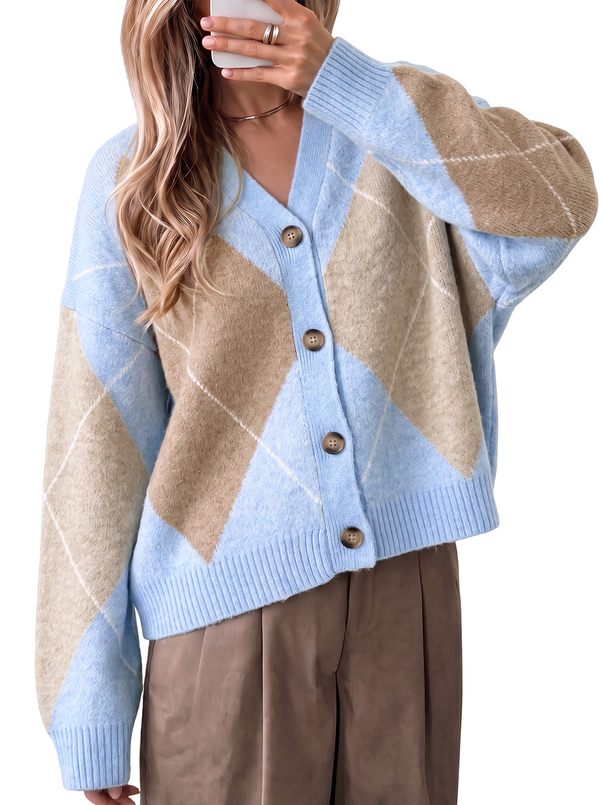 Women Blue Plaid Color Block Cardigan | CicyBell